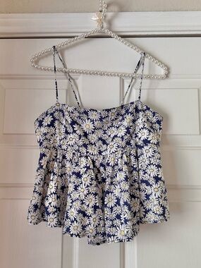 Free People Navy Daisy Print Sleeveless Babydoll Top